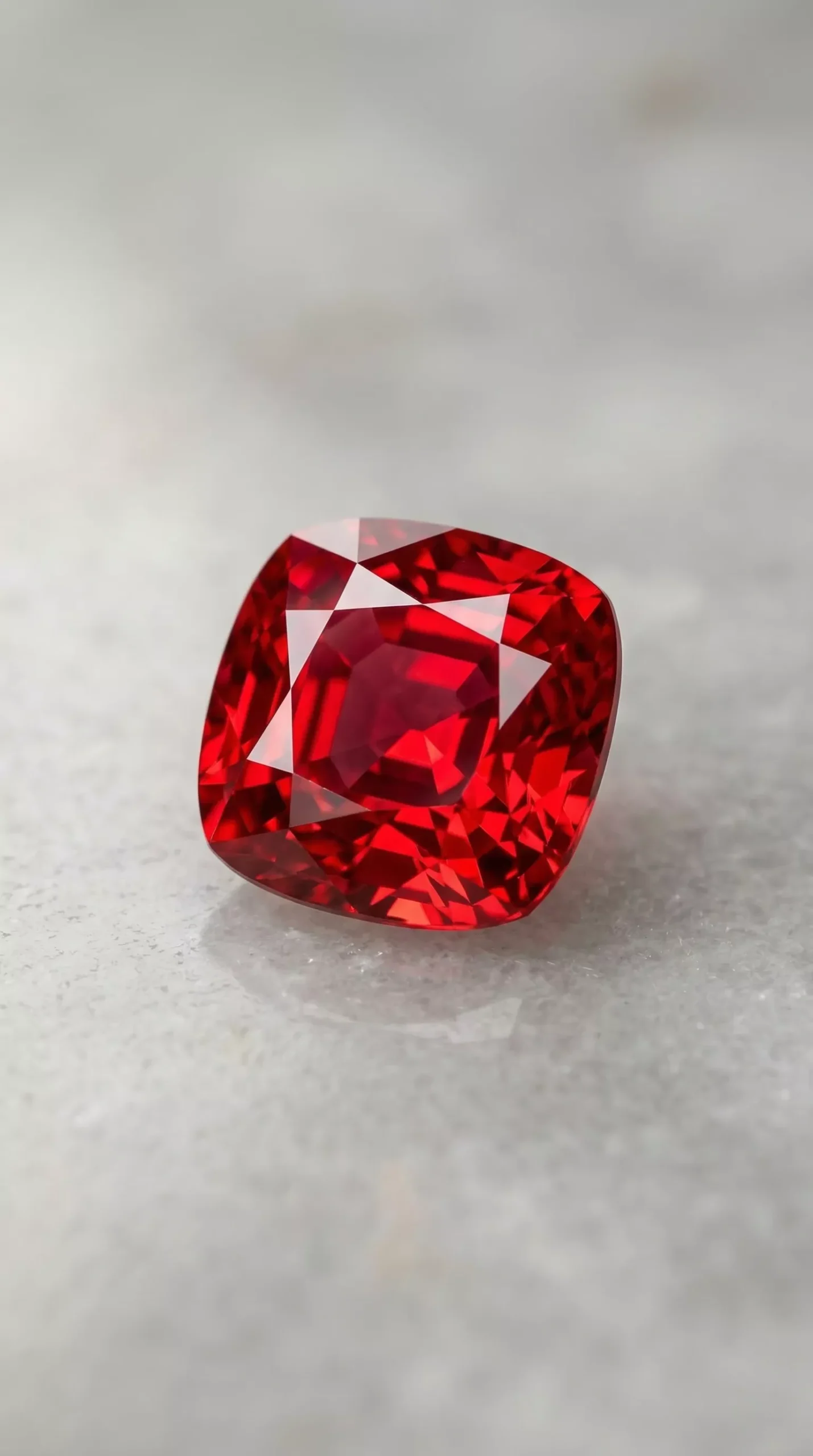 Top face view of natural vivid red spinel cushion cut 2.00 carats